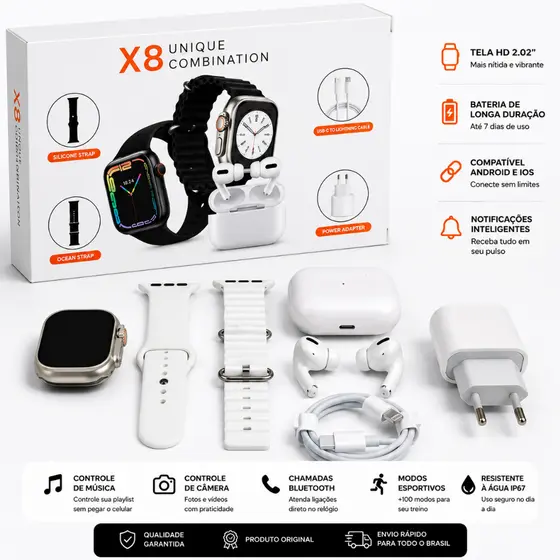 Novo smartwatch X8 Ultra-5 Em 1 , Pulseira Inteligente Esportiva Totalmente touchscreen .