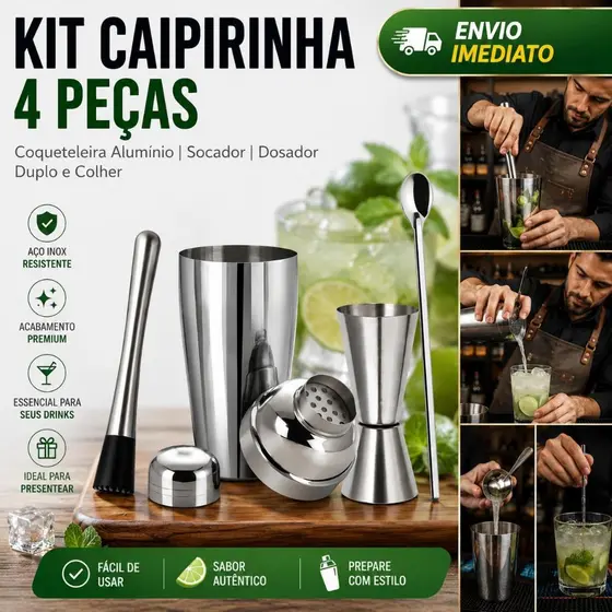 Kit 4 Peças Coqueteleira Caipirinha Inox Barman Profissional Bartender