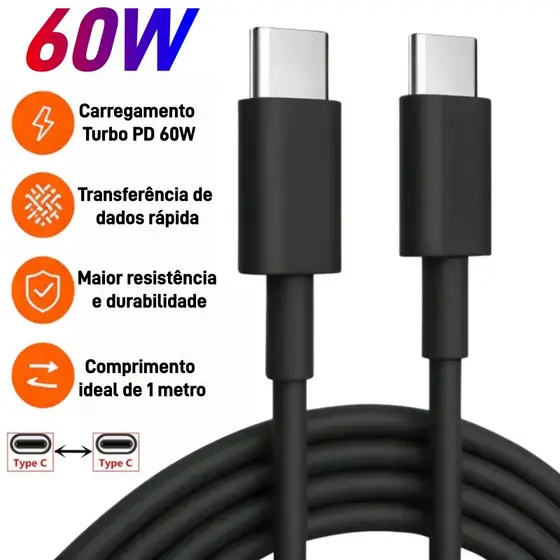 Cabo USB C Type C 60W PD Para iPhone Notebook Android Carregamento Rápido 1m