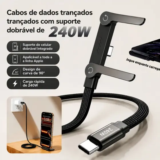 1.5M 240W De Carregamento Rápido USB C Para Tipo C Cabo 2 Em 1 Suporte Dobrável Telefone De Mesa