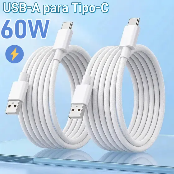Cabo Carregador USB para Tipo-C 1 Metro Trançado Rápido, Compatível com iPhone 15 e Celulares Android --USB-A para USB-C