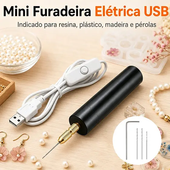 Mini Furadeira Manual Elétrica USB com 3 Brocas para Artesanato e DIY