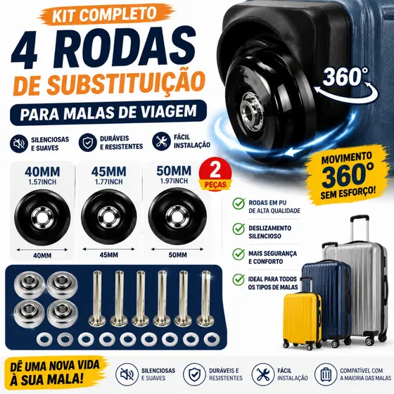 Kit de Rodas de Reposição para Mala com Rolamento Parafuso e Chave Allen Inclui 4 Rodas 4 Rolamentos 8 Parafusos e 8 Arr