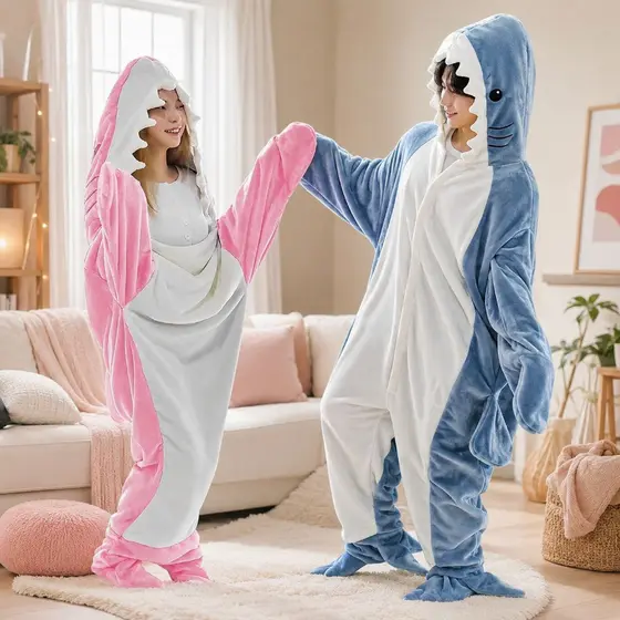 Cobertor com Capuz de Tubarão de Desenho Animado, Grande e Vestível, Flanela Quente, Macacão, Kigurumi, Pijama Confortáv