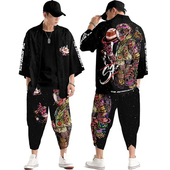 Roupa Tradicional Japonesa, Calças Kimono com Estampa de Astronauta, Yukata Retro Masculino, Moda Asiática, Traje Tang,