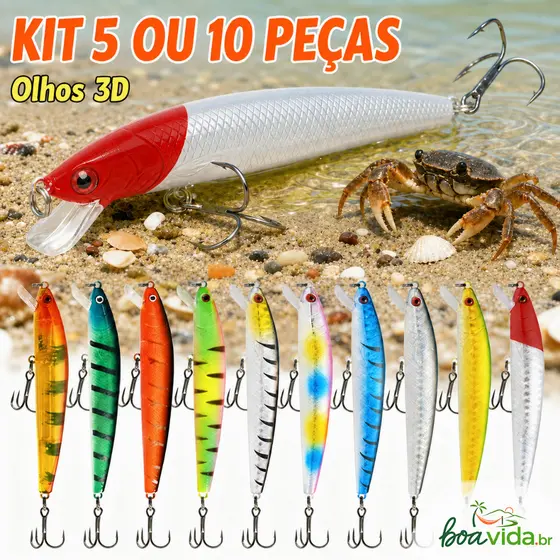 Kit 10 Iscas Artificiais Importadas 1/2 Meia Água de 10 cms e 9 gramas Pesca Tucunaré Traíra Dourado Robalo Black Bas