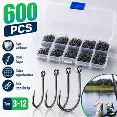 Kit Pesca: 600 Anzóis nos Tamanhos 3 ao 12 com Estojo de Armazenamento