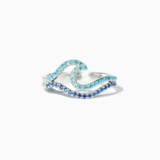 Anel banhado a prata S925, estilo feminino, padrão de ondas em dupla camada, azul degradê, requintado, ajustável, presen