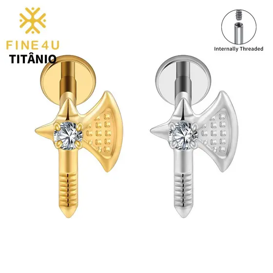 Brincos de Piercing em Forma de Machado Estilo Gótico FINE4U 100% Liga de Titânio, Adequados para Lóbulo e Cartilagem da