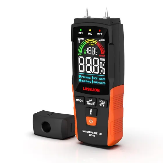 Medidor de Umidade 2 em 1 com e sem Pinos LASELION MS03 – Detecção Precisa de Umidade em Madeira, Concreto, Drywall e Ma
