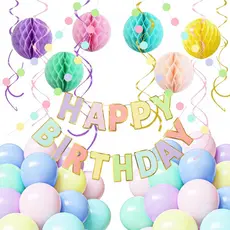 Decorações de Festa de Aniversário em Tons Pastel, Faixa de Feliz Aniversário com Balões em Tons Pastel, Bolas de Papel 