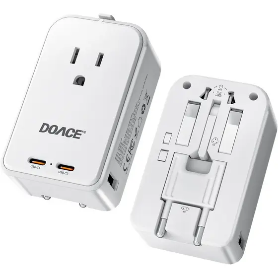 Adaptador de Viagem DOACE Pico 45W, Adaptador de Energia Universal de 5 Portas 1 AC, 2 USB-C e 2 USB-A, Adaptador de Plu