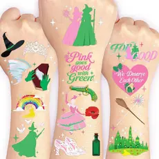 Tatuagens Temporárias de Bruxa - Rosa + Verde, 84 Peças com Design Iridescente em Papel Metalizado, Para Lembranças de F
