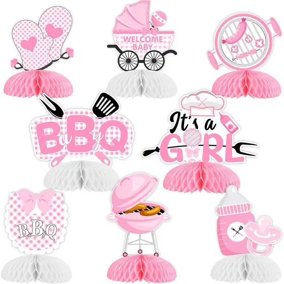 8 Peças de Decorações em Forma de Favo de Mel para Chá de Bebê com Tema de Churrasco, Enfeites de Mesa Rosa para Churras