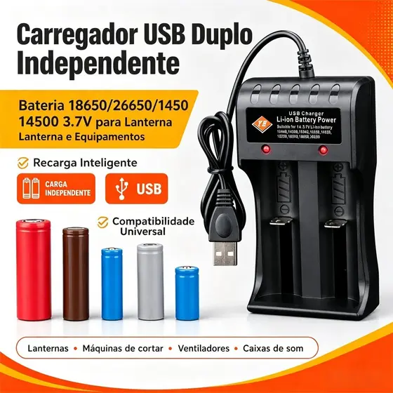 Carregador USB Duplo Independente Bateria 18650/26650/14500 3.7V para Lanterna e Equipamentos