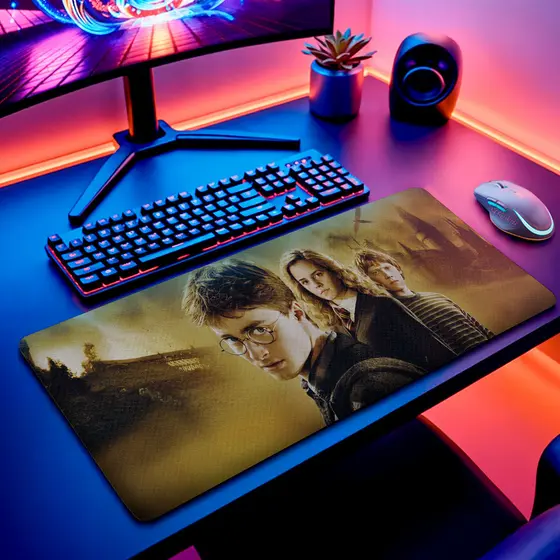 MousePad Gamer 80x30 Extra Grande Harry Potter e Seus Amigos Hogwarts Filme Geek Setup Gamer Grande RGB Anime