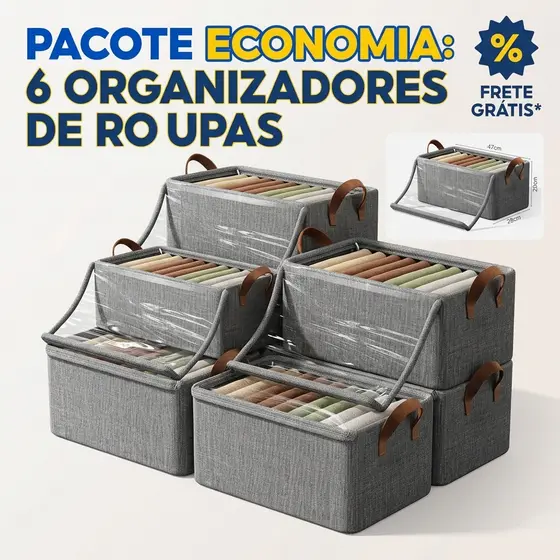 Kit 6 Caixas Organizadoras de Roupas Dobráveis Tampa Visível 47x28x20cm Para Armário Guarda Roupa