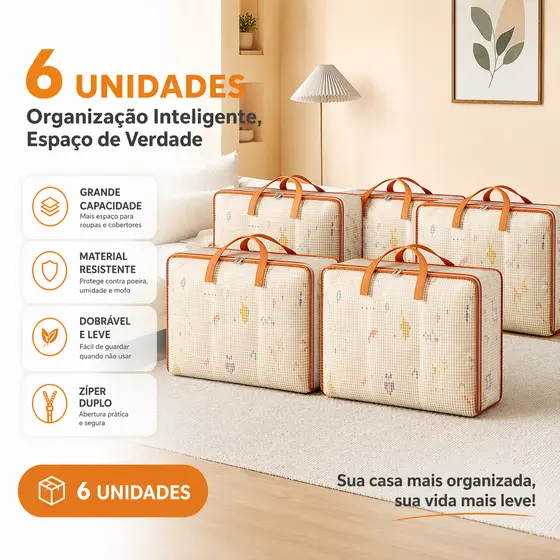 Kit 6 Sacos Organizadores para Cobertores Edredons 60x50x28cm Bolsa Armazenamento Transparente Resistente Anti Poeira Um