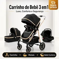Carrinho De Bebê 3 Em 1 Premium Luxo Moisés + Bebê Conforto Completo Reclinável Rodas Com Amortecedor Kit Enxoval Segura