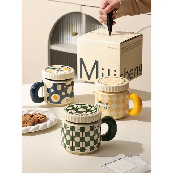 Caneca com tampa nicho Design copo caixa de presente presente casal copo grande capacidade copo cerâmica escritório copo