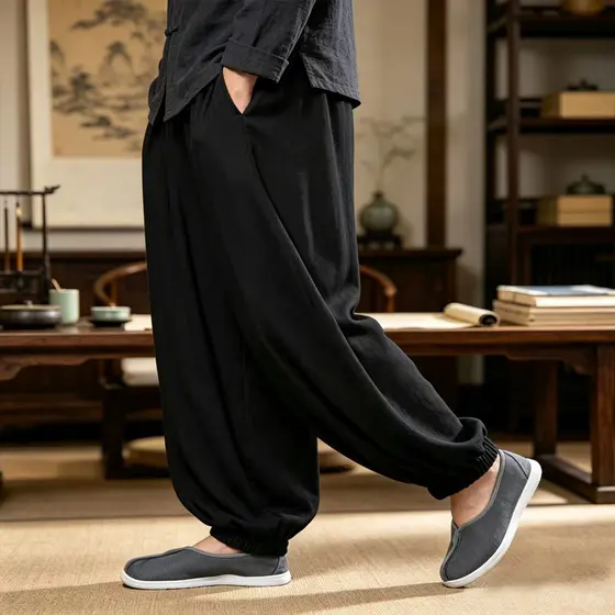 Calças de meditação de algodão Calças de monge Bloomers de camada masculina Extra largas de prática Calças