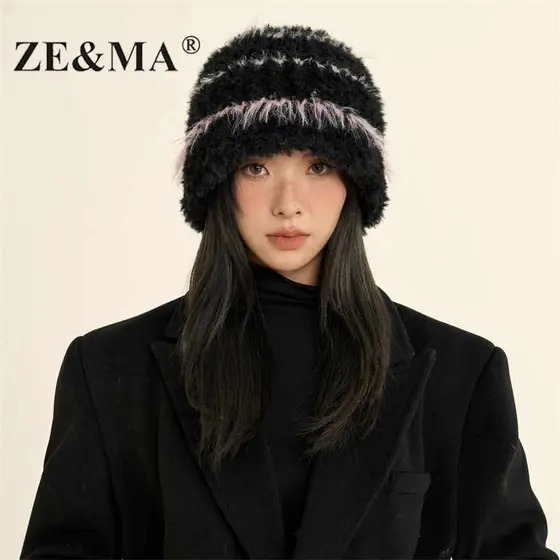 ZE & MA chapéu feminino de malha chapéu de inverno feminino 2025 novo estilo balde chapéu de lã de pilha de inver