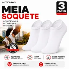 Kit 3 Pares Meia Invisível Soquete Branca Unissex Algodão Macio Confortável Respiravel Altomax