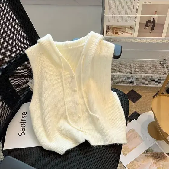 2024 com capuz sem mangas Cardigan colete Design curto novo estilo colete de malha solto superior colete camisola jaquet