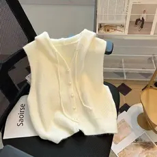 2024 com capuz sem mangas Cardigan colete Design curto novo estilo colete de malha solto superior colete camisola jaquet