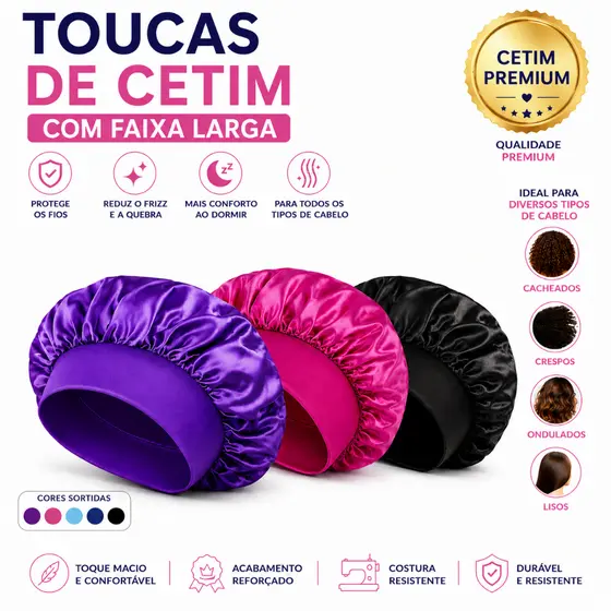 Kit 1/2/3 Touca de Cetim com Faixa Larga Proteção Noturna Cabelos Anti-Frizz 30 cm Cores Sortidas
