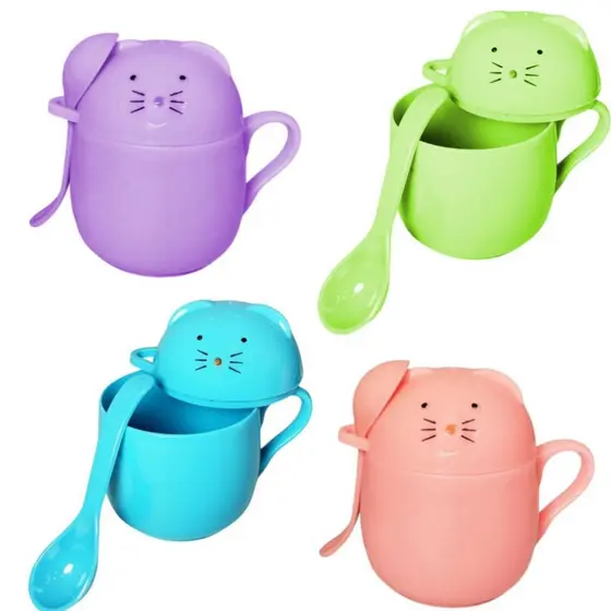 Kit Papinha Infantil Copo de Gatinho com Tampa e Colher 200ml Plástico Livre BPA - S&V