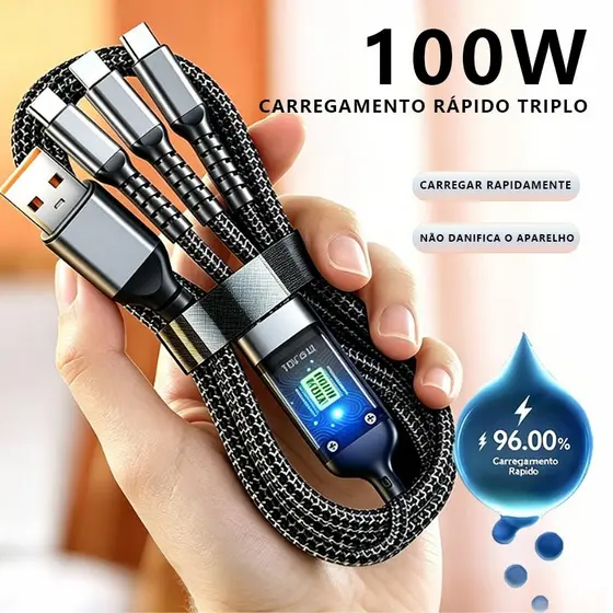 Cabo de carregamento rápido 3 em 1 de 100 W ，1.2m(durável, com visor digital;  Micro, Tipo-C e USB-A)