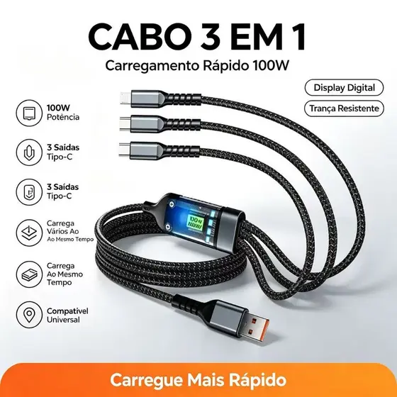 1.2mCabo de carregamento ultrarrápido 3 em 1 de 100 W – Trançado, resistente a quebras (Micro, Lightning, Tipo-C)