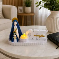 Kit Cantinho de Oração Decorativo Nossa Senhora com Bandeja Vela LED Letreiro e Chaveiro
