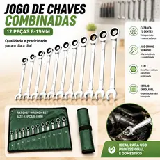 Jogo de Chaves Combinadas com Catraca 14 Peças 8 a 24mm Ferramenta Profissional para Oficina Mecânica