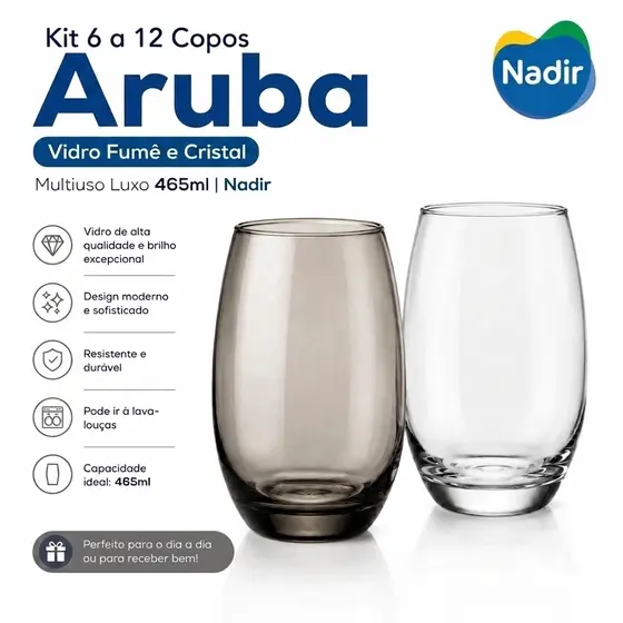 Jogo Copos de Vidro LUXO 465ml Aruba Nadir 6 Peças Transparente ou Fumê Alta Qualidade para drinks ,suco agua e refri