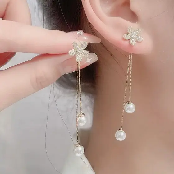 [Estoque pronto] Coreano doce High-End zircão flor pérola brincos estilo longo elegante senhora brincos elegantes WJG