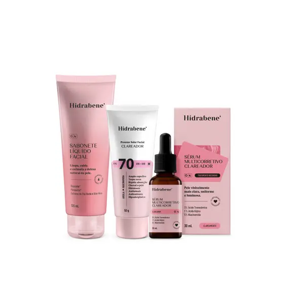 Kit Clareador Facial - Sabonete Líquido + Protetor Solar Clareador 70 FPS + Sérum Multicorretivo Clareador