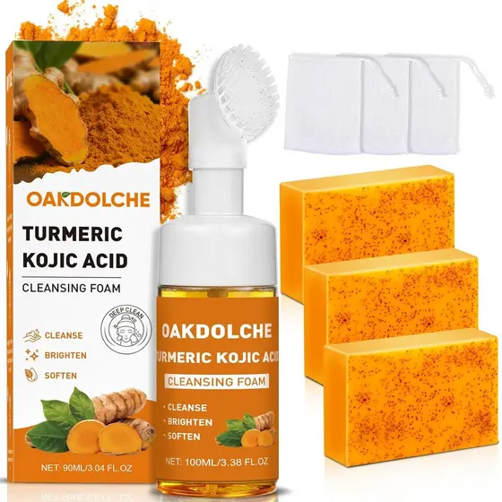 Conjunto de Limpeza com Cúrcuma de 3 Peças - Sabonete Facial de Cúrcuma com Escova, 3 Barras de Sabonete de Cúrcuma e Ác