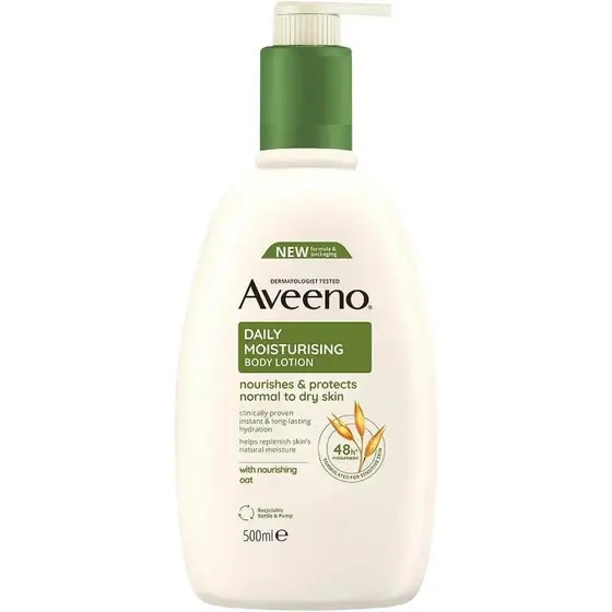 Loção Hidratante para Pele Sensível Aveeno 500ml, rica em emulsão e que proporciona nutrição diária eficaz para a pele s