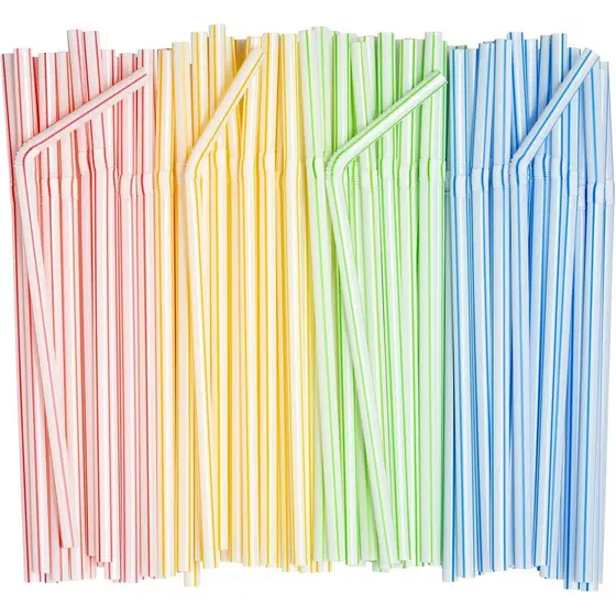 Pacote Confortável [200 Unidades] Canudos de Plástico Descartáveis Flexíveis - 7,75" de Altura - Cores Sortidas Listrada