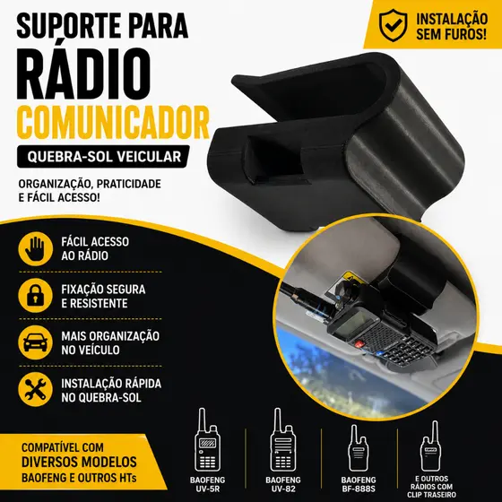 Suporte Veicular para Rádio Comunicador Baofeng HT UV-5R UV-82 BF-888S Quebra-Sol Universal Preto