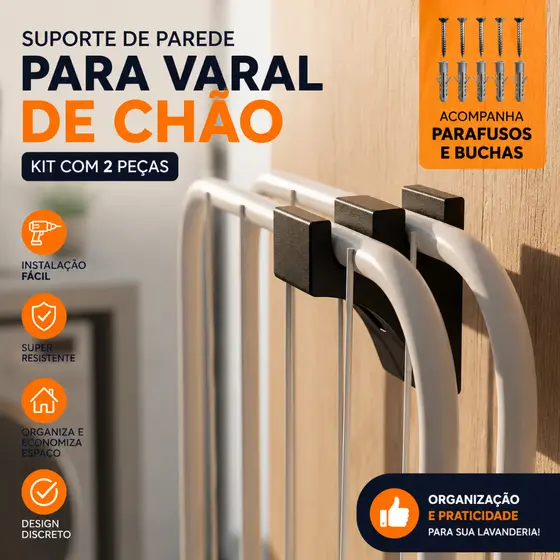 Suporte de Parede para Varal de Chão Kit com 2 Peças + Parafusos e Buchas Organizador Lavanderia