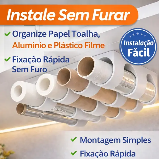 Porta Papel Toalha Duplo Suporte Rolos Cozinha Papel Alumínio Filme Plástico Organizador Armário com fita dupla face