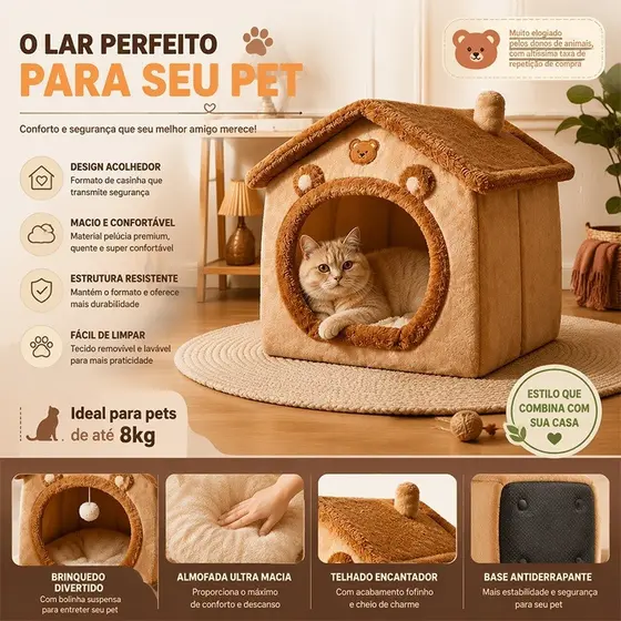 Casa Toca Fechada para Pet em Pelúcia Desmontável, Cama Aconchegante Quente Almofada Macia para Gatos e Cães Pequenos, E