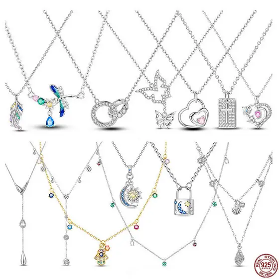Colar feminino em prata esterlina S925, com designs de sol, lua, libélula e gota d'água, alta qualidade, hipoalergênico