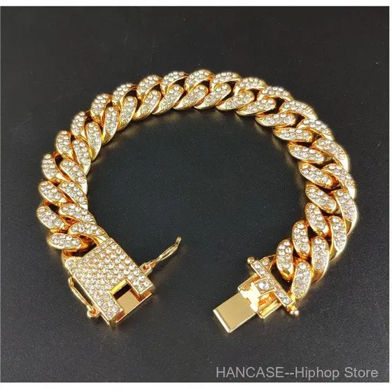 Nova Pulseira Hip Hop Ice de 12mm, Corrente Cubana Grossa e Larga com Strass XDUL