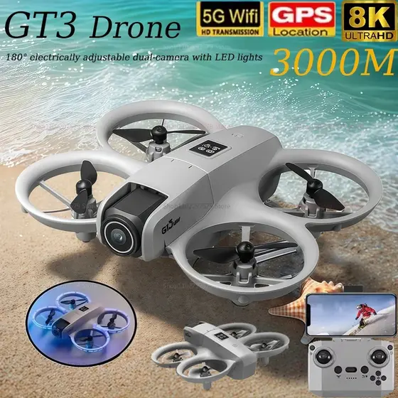 GT3 Mini Com LED Dobrável Drone GPS 8K HD Câmera Dupla Motor Sem Escova Evitar Obstáculos Quadcopter Dron RC Brinquedos