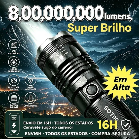 Lanterna Tática 8,00,000,000 Lúmens - Super Potente Foco Ajustável, 5 Modos, 1000m Alcance, IP65, 9000mAh Power Bank P18