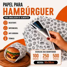 Kit Papel Acoplado Térmico 30x38 Anti Gordura - Hambúrguer Delivery Metalizado para Lanche Fast Food C/100 250 500